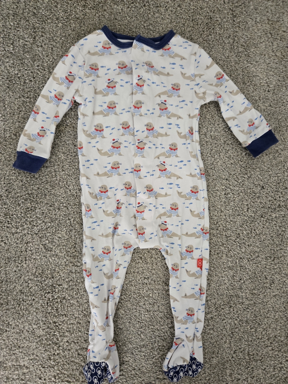 Magnetic Me White Seal Print Footed One-Piece with Navy Trim